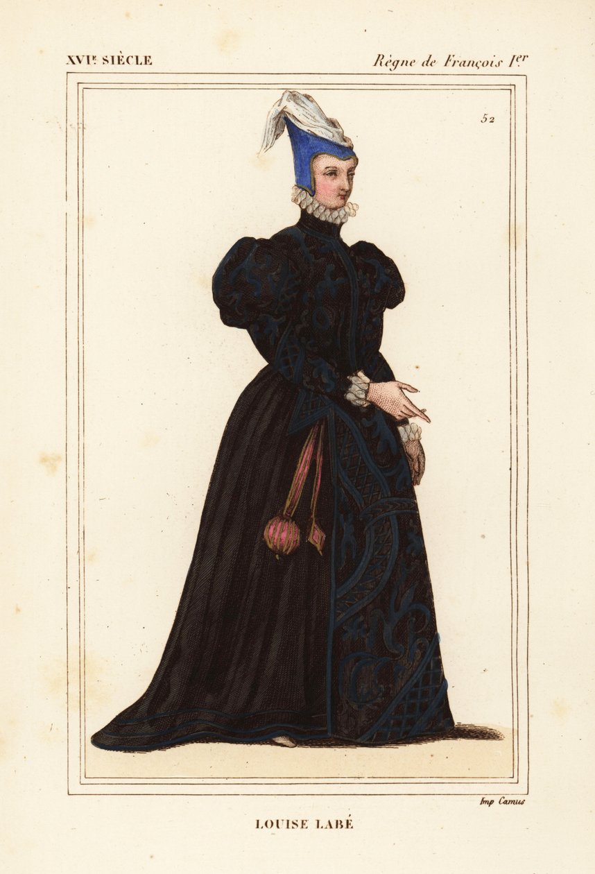 Louise Labe, La Belle Cordiere, fransk poet 1526-1566. Musiker, ryttare, bågskytt, fäktare och lingvist. Handkolorerad litografi efter ett porträtt i Roger de Gaignieres portfölj VIII 82 från Le Bibliophile Jacob aka Paul Lacroix