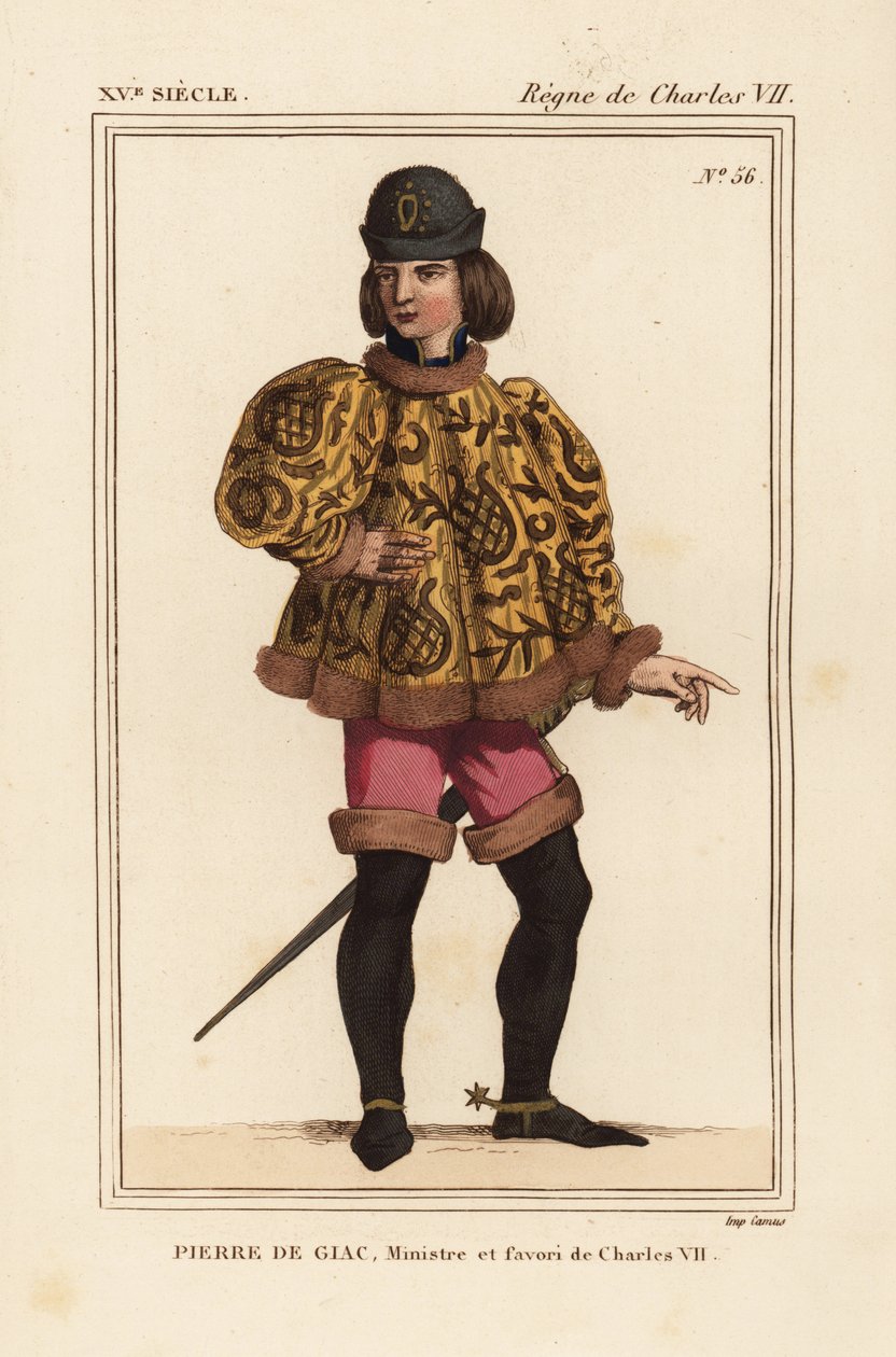 Pierre de Giac, kammarherre till kung Karl VII från 1377-1426. Avrättad genom drunkning vid Dun-Le-Roi. Han bär en kort socka med mahoiterärmar, rosa pantalons och stövlar med sporrar. Handkolorerad litografi efter en miniatyr i ett manuskript Histoire du av Leopold Massard