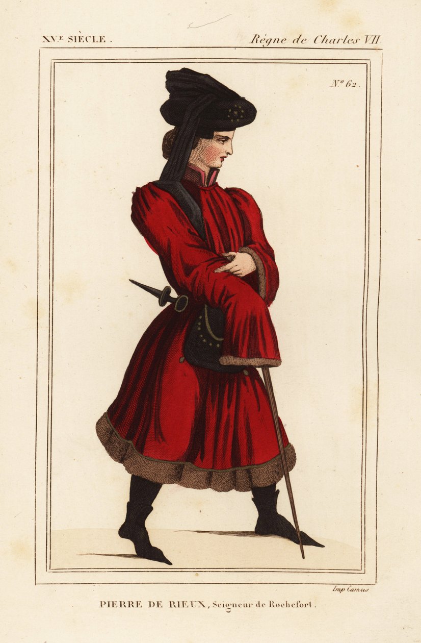 Pierre de Rieux, herre av Rochefort 1389-1439. Handkolorerad litografi efter ett porträtt i Roger de Gaignieres portfölj VI 136 från Le Bibliophile Jacob alias Paul Lacroixs Costumes Historique de la France (Frankrikes historiska dräkter), Administration d av Leopold Massard