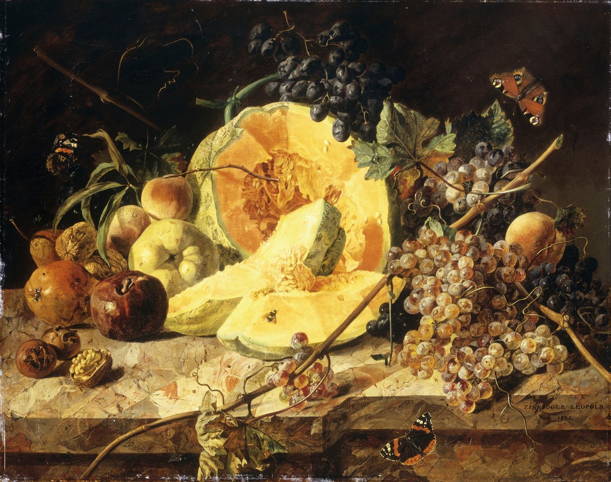 Ett stilleben med frukt, nötter och insekter, 1835 av Leopold Zinnogger