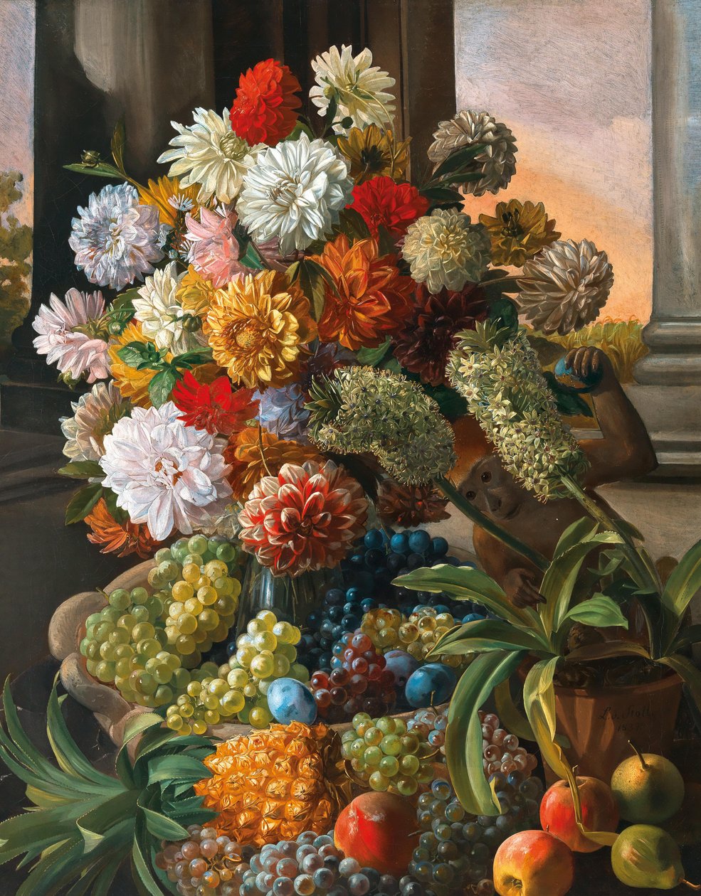 Leopold von Stoll Stilleben med blommor och vindruvor av Leopold von Stoll