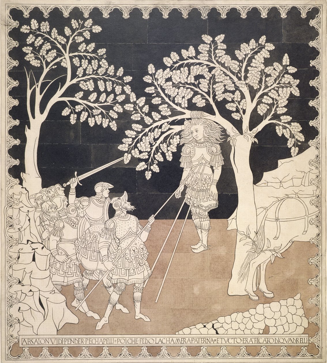 T.3836 The Death of Absolom, studie av golvet i Sienas katedral, ca 1870 (bläck & tvätt) av Leopoldo Maccari