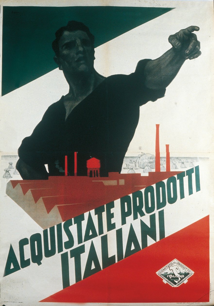 Köp italienska produkter, fascistisk propagandaaffisch under autarki av Leopoldo Metlicovitz