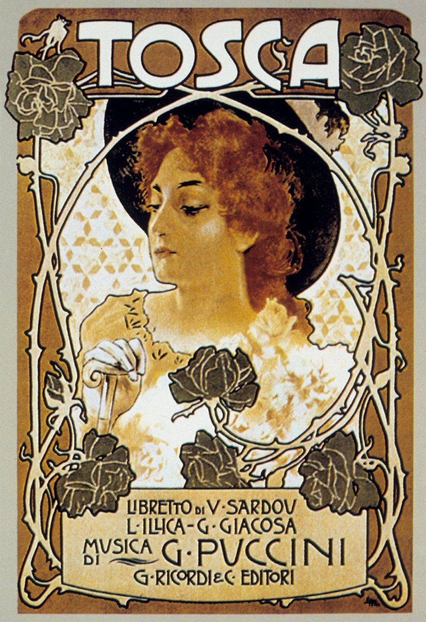 Omslag av Leopoldo Metlicovitz av partituret till operan Tosca av Giacomo Puccini av Leopoldo Metlicovitz