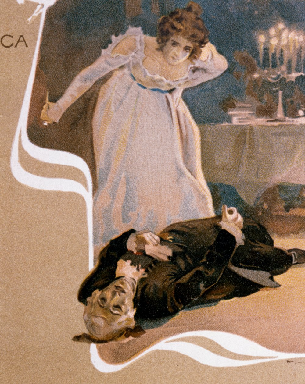 Vykort illustrerad av Leopoldo Metlicovitz (1868-1944) som visar scener från Tosca, opera av Giacomo Puccini (1858-1924) av Leopoldo Metlicovitz