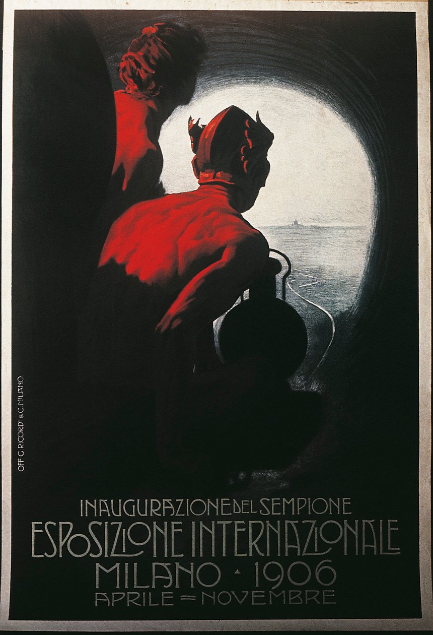 Affisch för den transalpina Simplon-tunneln på Milanos internationella utställning, april-november 1906 av Leopoldo Metlicovitz