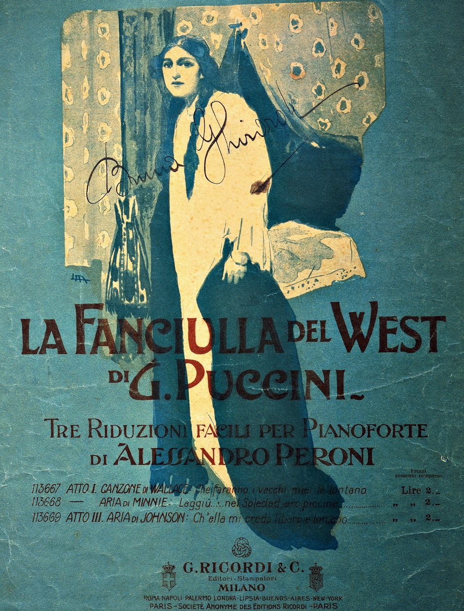 Titelsida av Leopoldo Metlicovitz (1868-1944) av en pianoreduktion av Alessandro Peroni för operan La fanciulla del West (The Girl of the Golden West), av Giacomo Puccini (1858-1924) av Leopoldo Metlicovitz