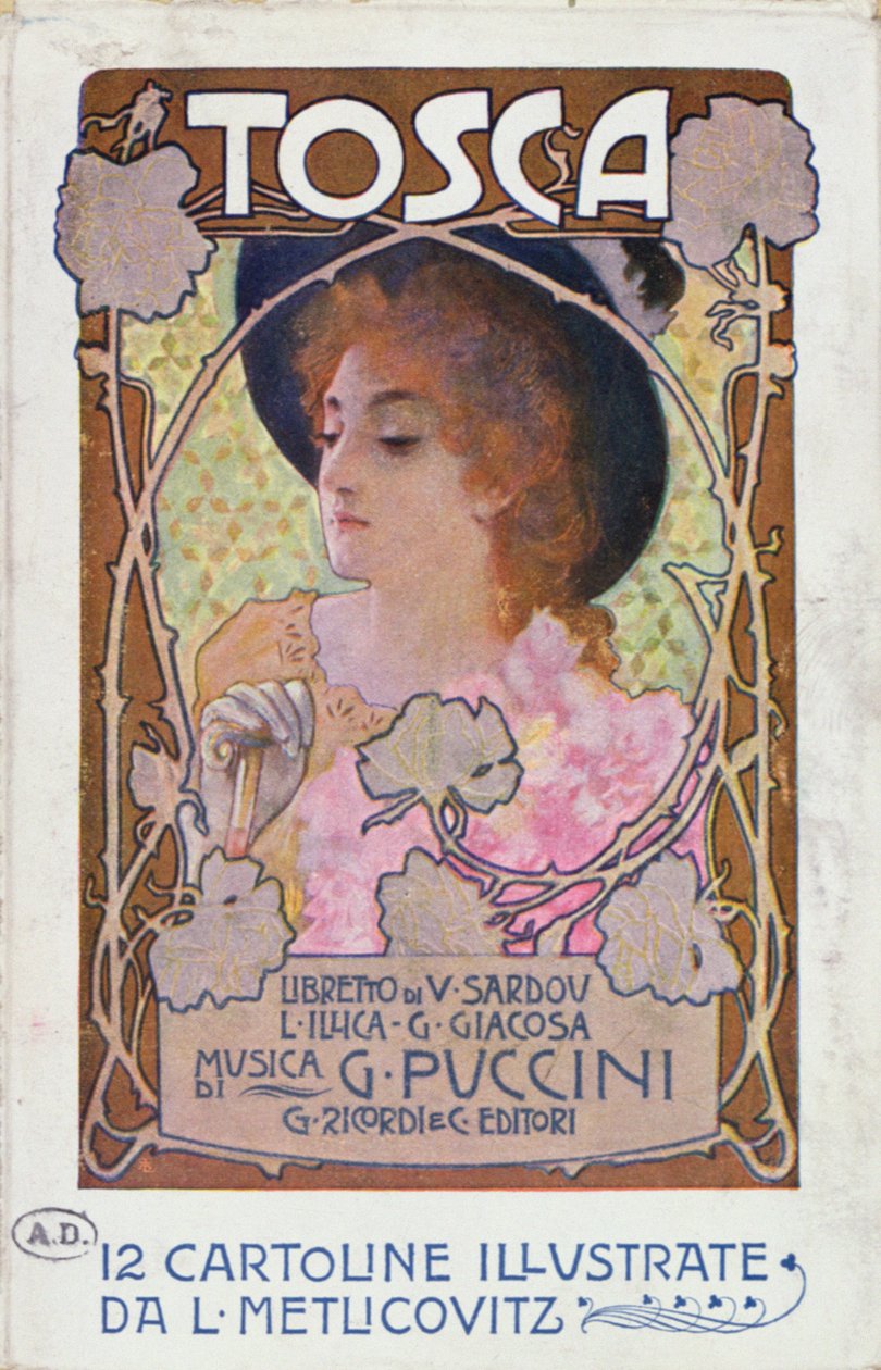 Titelsidan på notbladet för operan Tosca av Puccini, ca 1910 (färg litho) av Leopoldo Metlicovitz