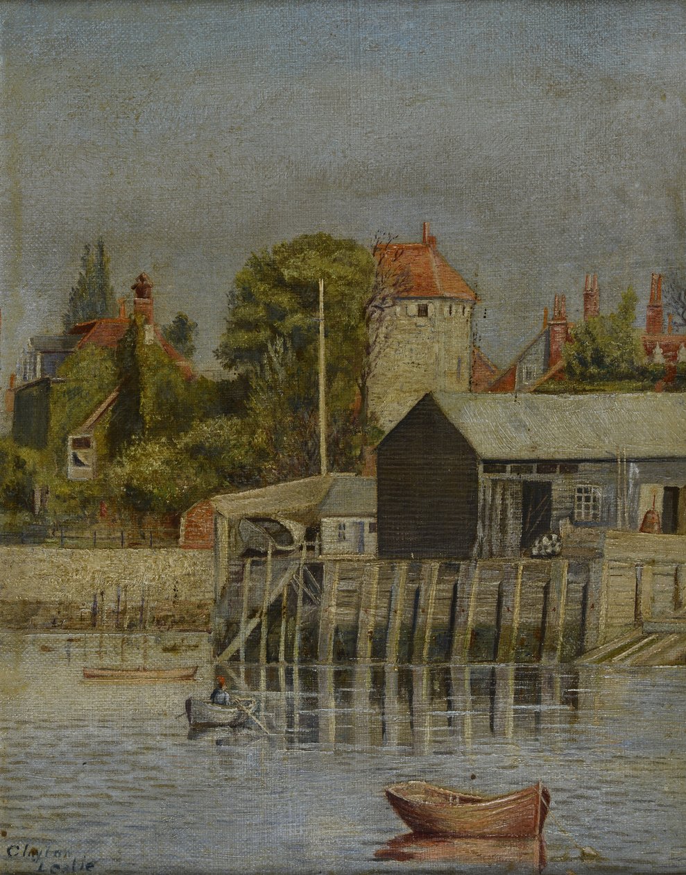 En kanalsida med båtvarv, 1884 av Leslie Clayton