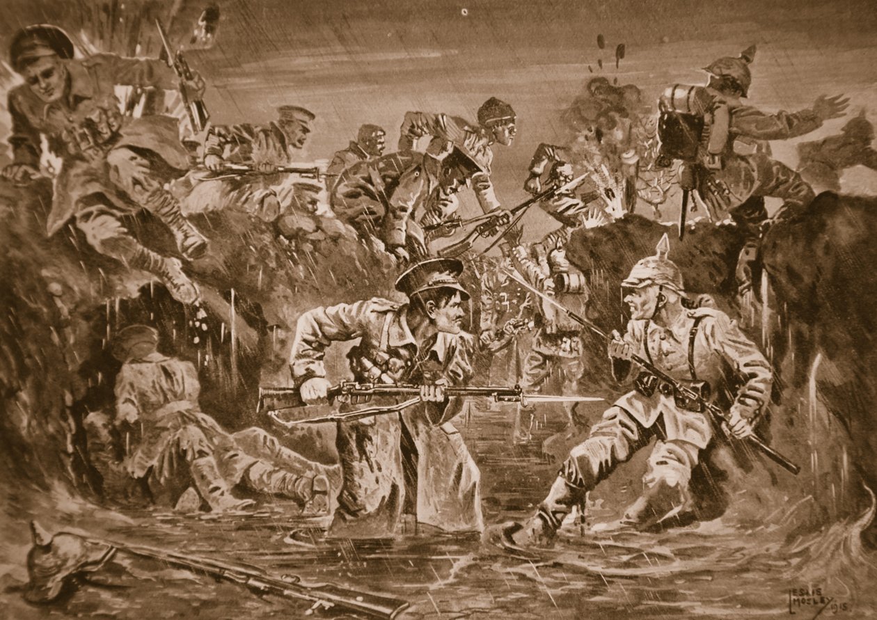 Brittiska trupper, under order av major Borrett, återta ett skyttegrav vid Zillebeke som tillfångatagits från dem av fienden av Leslie Mosley