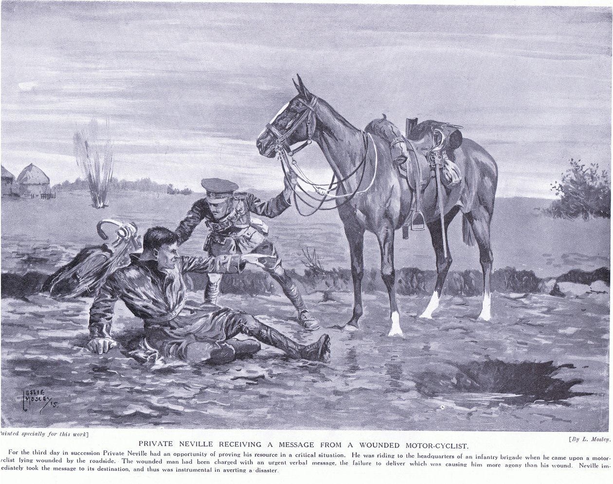 Menig Neville tar emot ett meddelande från en skadad motorcyklist Ypres oktober 1914 av Leslie Mosley