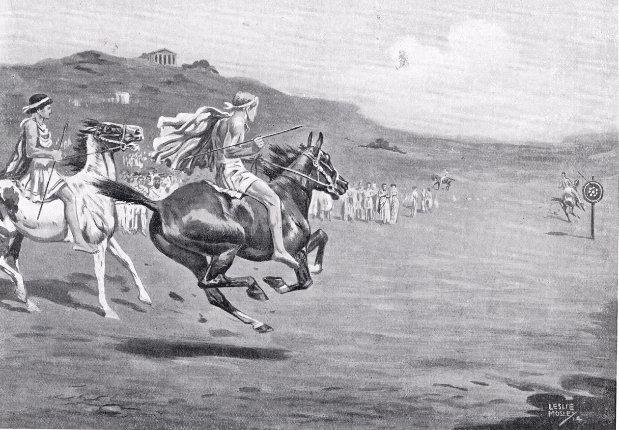 Grekiska ryttare kastar spjut, illustration från "Hutchinson