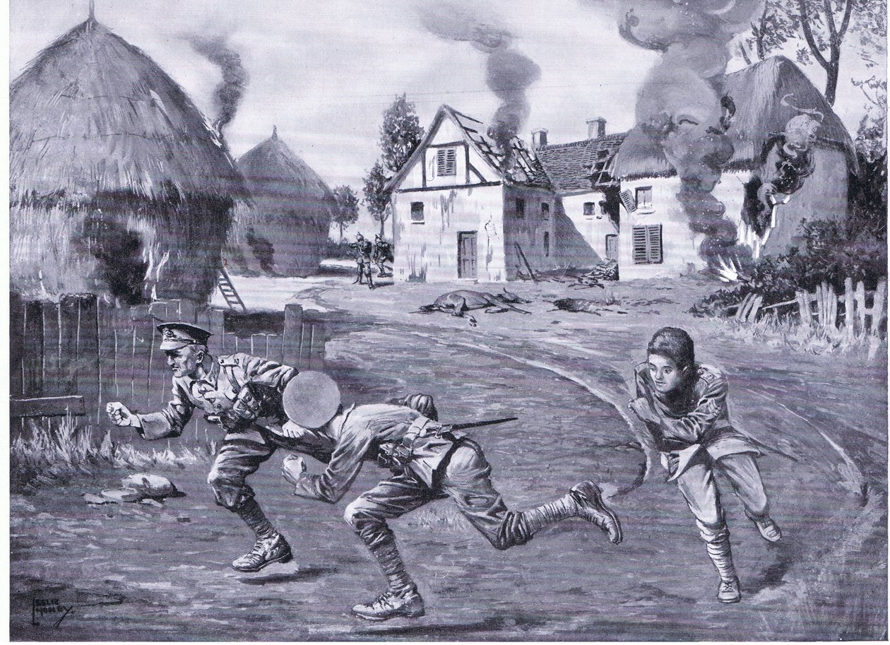 Sergeant Cooper och två kamrater rusade iväg under fiendens eld efter att ha tänt eld på en bondgård och flera ricks (DCM) (litho) av Leslie Mosley