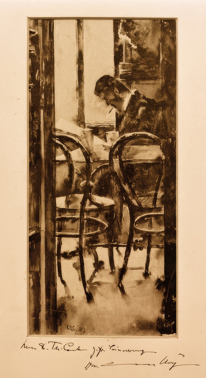 Café Gelber i Hamburg (tidningsläsande man på kaféet) av Lesser Ury