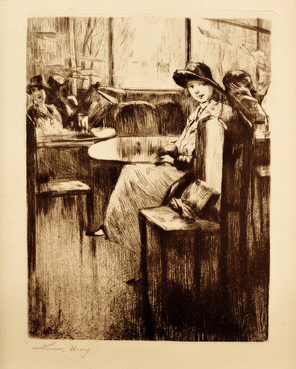 Ung flicka på kaféet med gatuvy av Lesser Ury