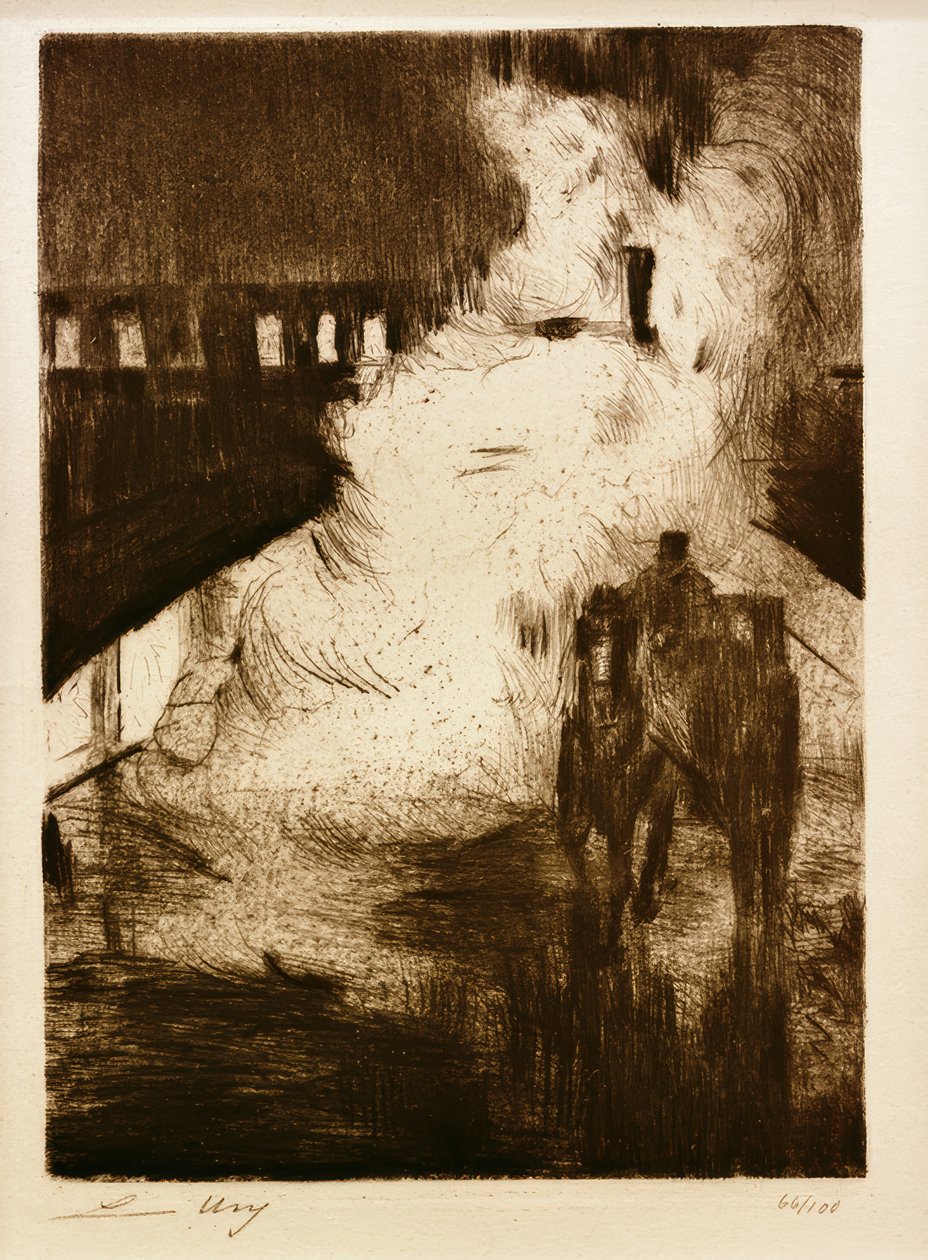 L.Ury, Nocturnal Impressions (med en hästvagn framför ett ångande lokomotiv) av Lesser Ury