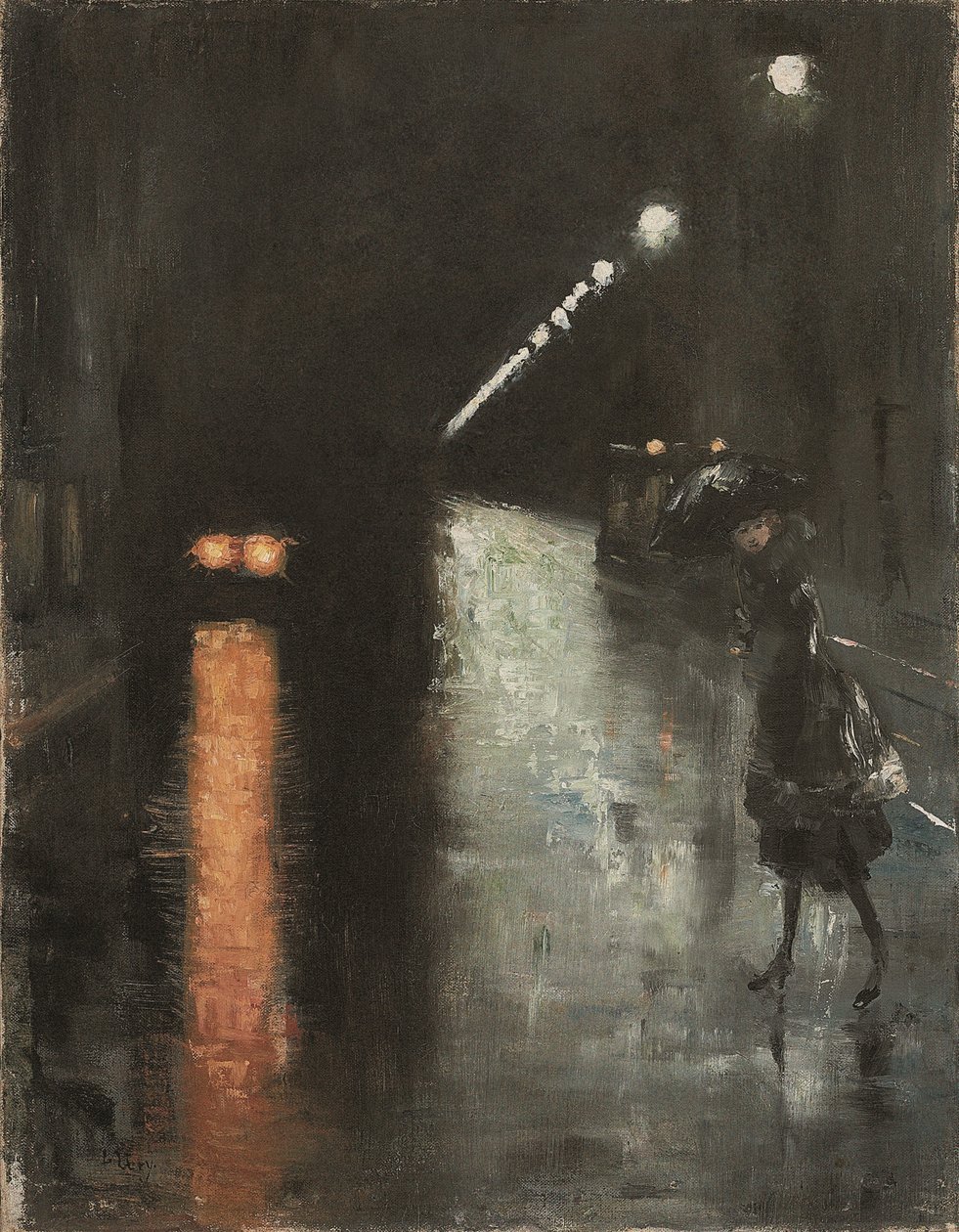 Nattlig gatubild, Berlin (Leipziger Strasse?), ca 1920 (olja på duk) av Lesser Ury