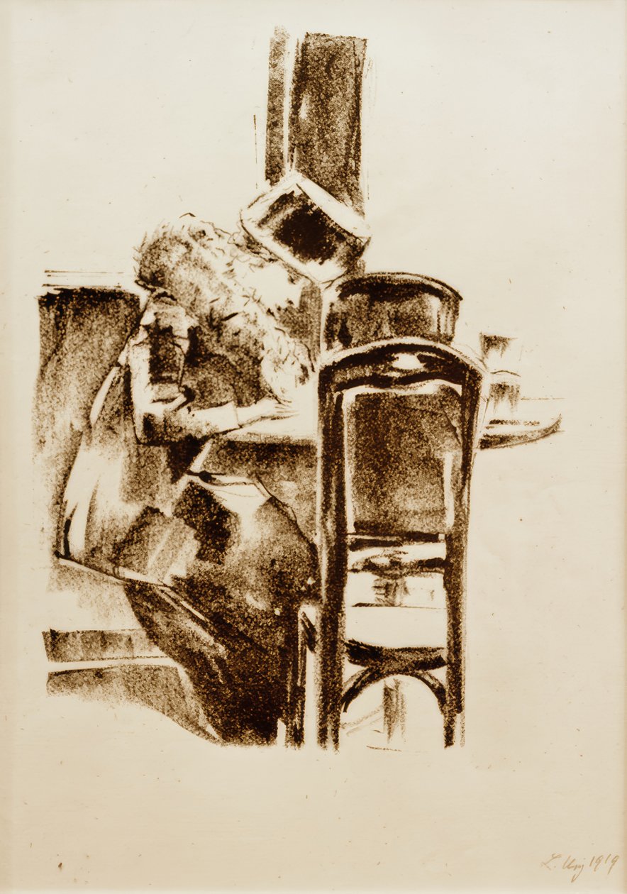 Skrivande dam med hatt och boa i caféet av Lesser Ury