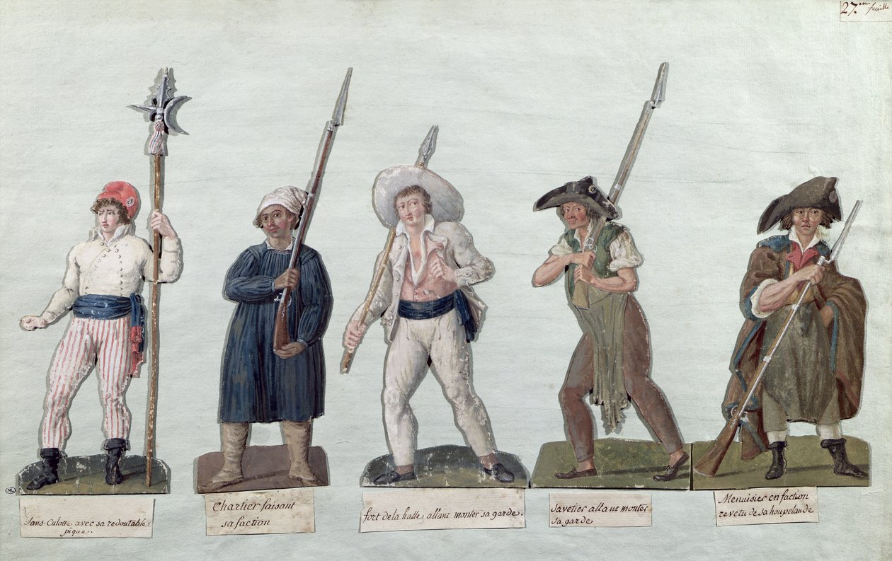 En Sans Culotte med sin gädda, en Carter, en Market Porter, en Cobbler och en Carpenter (gouache på kort) av Lesueur Brothers