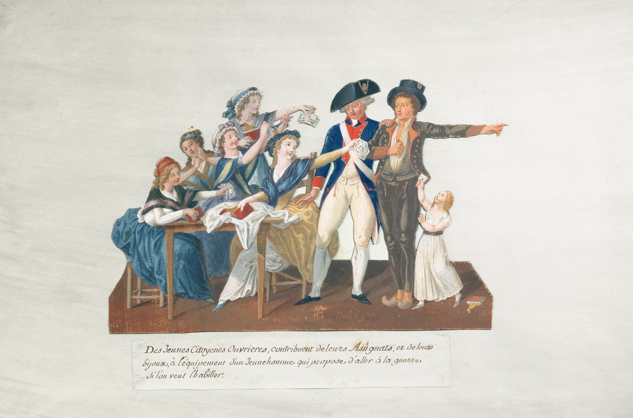 Medborgare som bidrar med sina uppdrag för att utrusta en ung man för krig (gouache på kort) av Lesueur Brothers