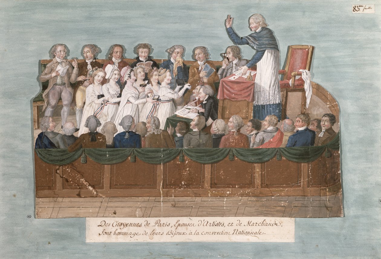 Parisare som erbjuder sina smycken till konventet, ca 1792 (gouache på kort) av Lesueur Brothers