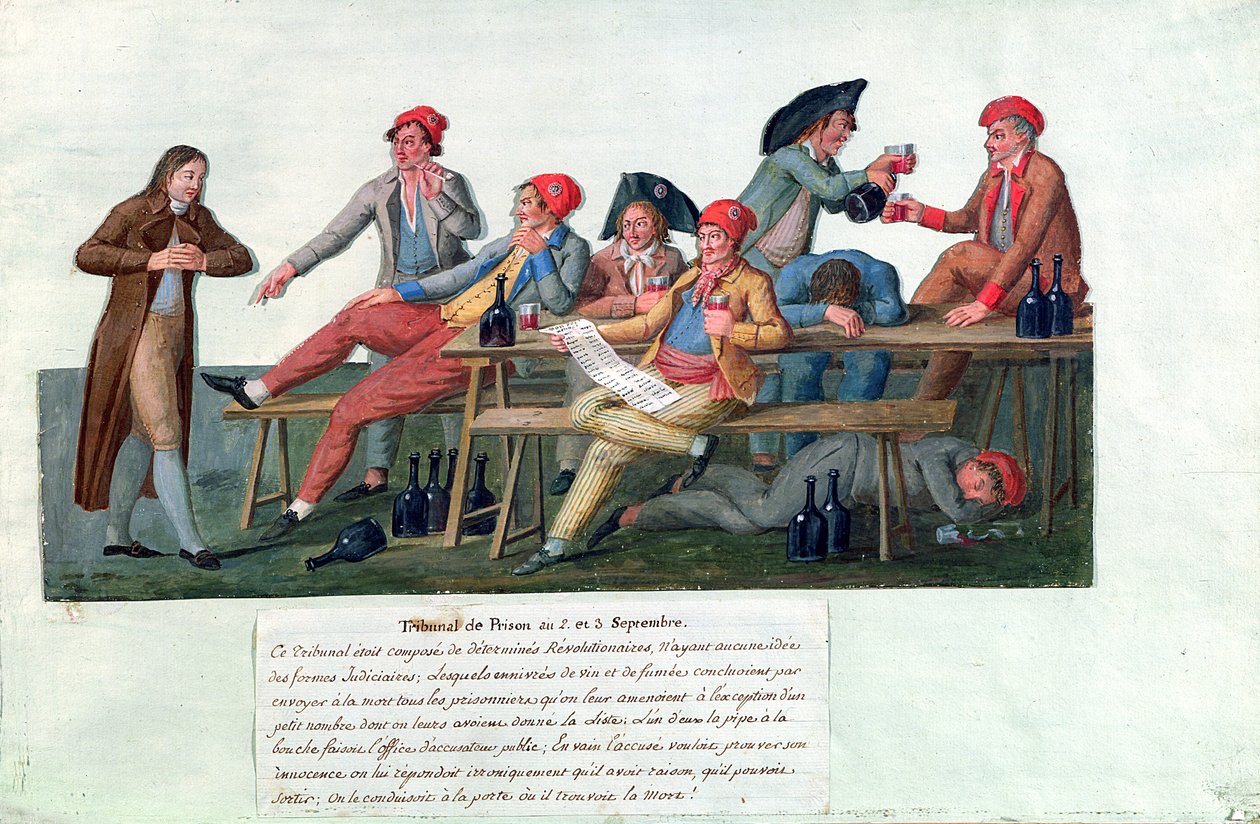 Fängelsedomstolen den 2 och 3 september 1792 (gouache på kort) av Lesueur Brothers