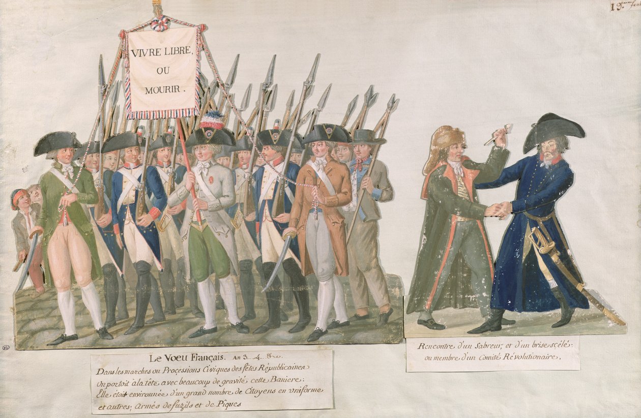 Det franska löftet "Länge leve friheten eller dö"; mötet mellan en svärdskämpe och en medlem av den revolutionära kommittén, ca 1789-92 (gouache på kartong) av Lesueur Brothers