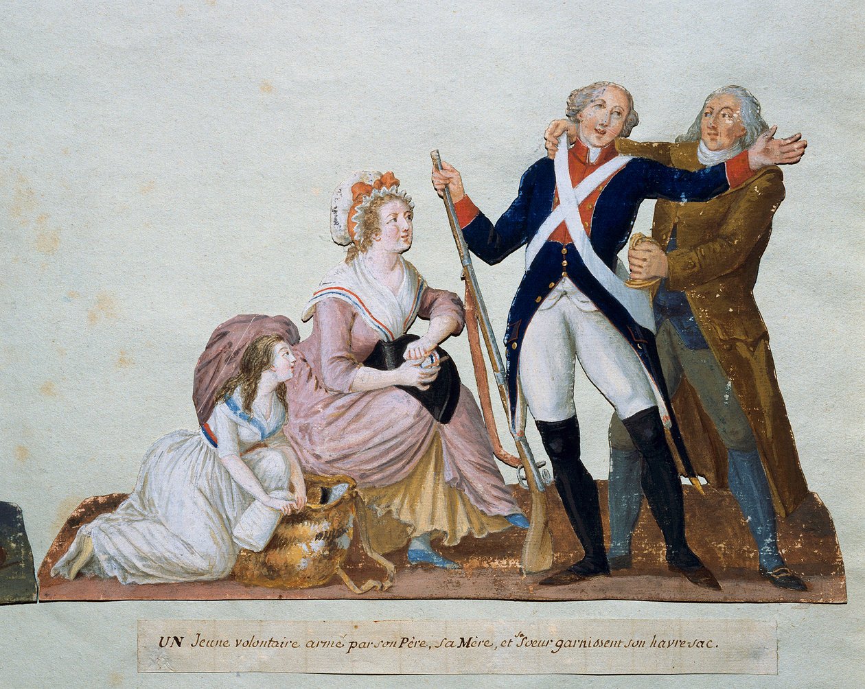 En volontär som lämnar till armén omger sin far, mor och syster Gouache till bröderna Lesueur (1700-talet) 1700-talet. Paris. Carnavalet Museum av Lesueur Brothers