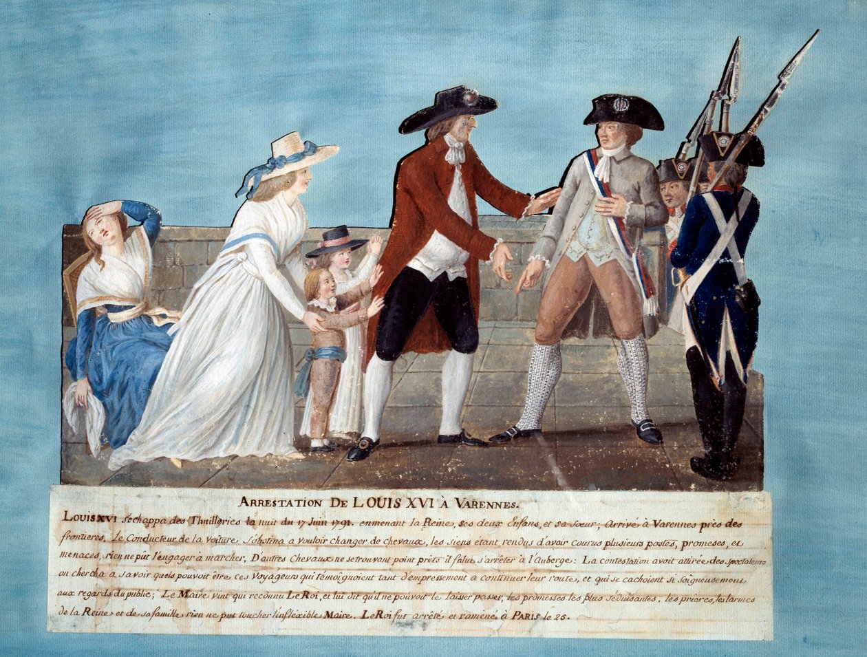 Gripande av Ludvig XVI i Varennes den 22 juni 1791 Gouache des freres Lesueur (1700-talet) 1791. Paris, Musee Carnavalet av Lesueur Brothers