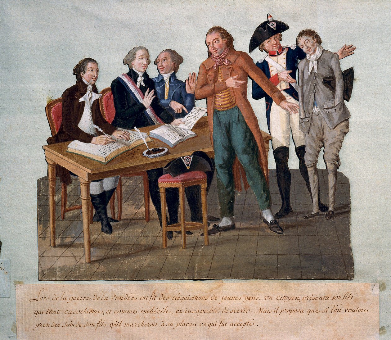 Krävande unga män för Vendeekriget (en far visar sin son oförmögen att tjäna och tar hans plats). Gravyr av bröderna Lesueur (1700-talet). Paris, Musée Carnavalet av Lesueur Brothers