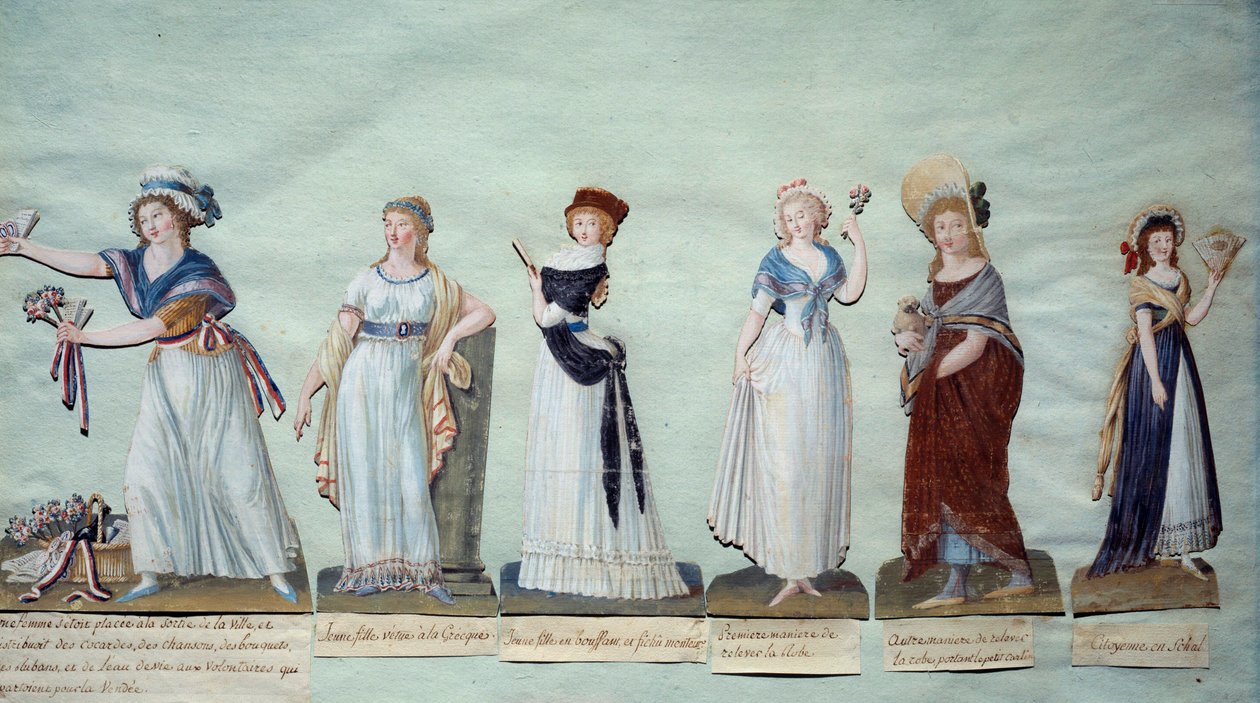 Olika unga kvinnor som representerar feminint mode under revolutionen. Gouache des freres Lesueur (1700-talet) Paris, Musee Carnavalet av Lesueur Brothers
