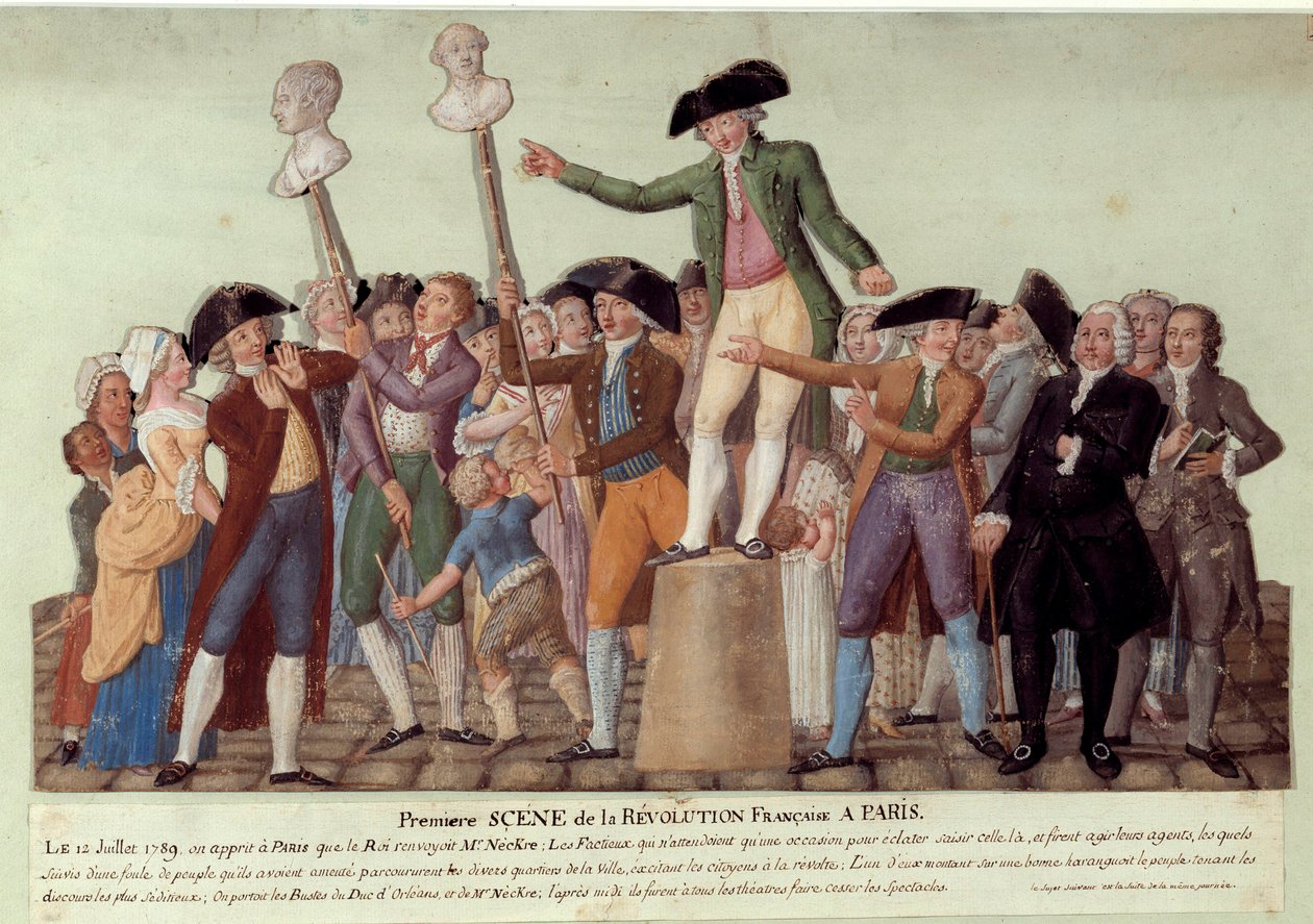 Första scenen av den franska revolutionen i Paris: den 12/07/1789, efter kungens avskedande av Jacques Necker, trakasserade Camille Desmoulins folkmassan på Palais Royal och uppmanade till en revolt mot regeringen. Byster av Jacques Necker och Louis Phil av Lesueur Brothers