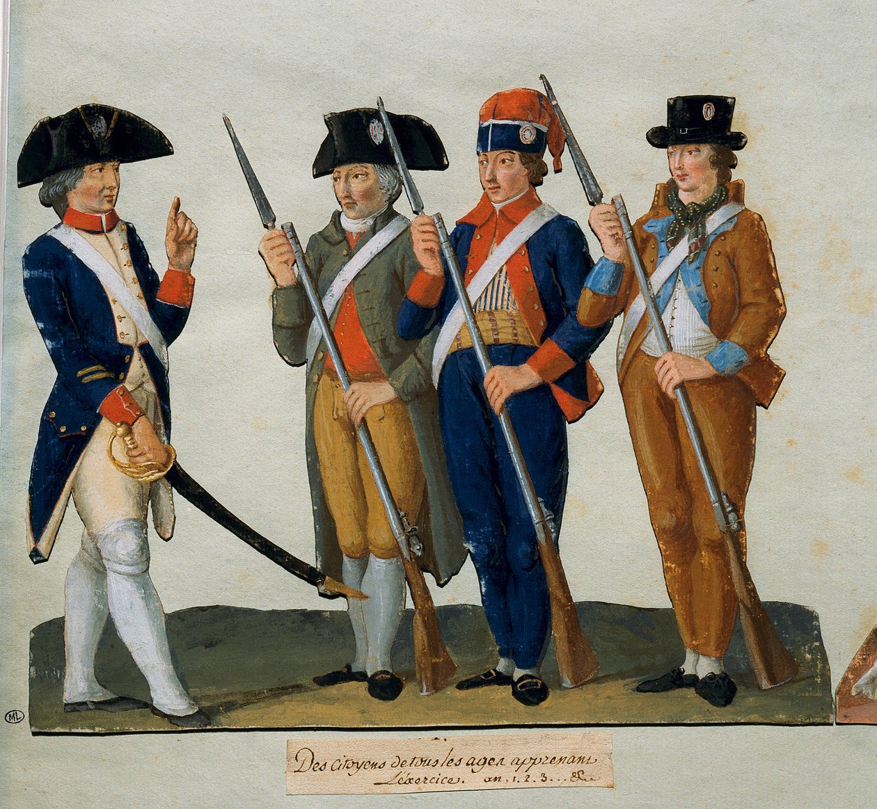 Franska revolutionen: "Medborgare som tränar" Gouache av bröderna Lesueur (1700-talet) Paris. Karnevalsmuseet av Lesueur Brothers