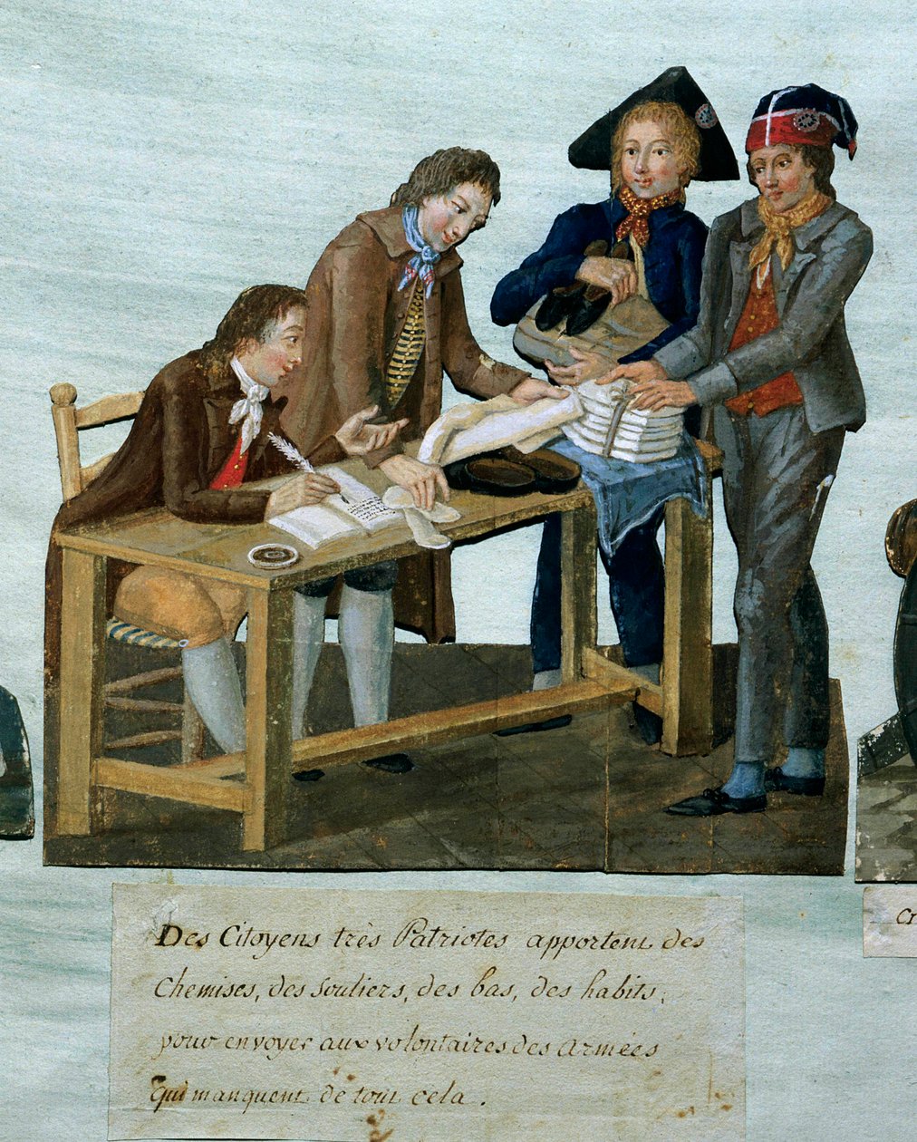 Franska revolutionen: "" Medborgare som tar med sig skjortor, skor, strumpor, kläder för att skicka till frivilliga rustningar""" Gravyr av bröderna Lesueur (1700-talet). 1700-talet. Paris, Musée Carnavalet av Lesueur Brothers