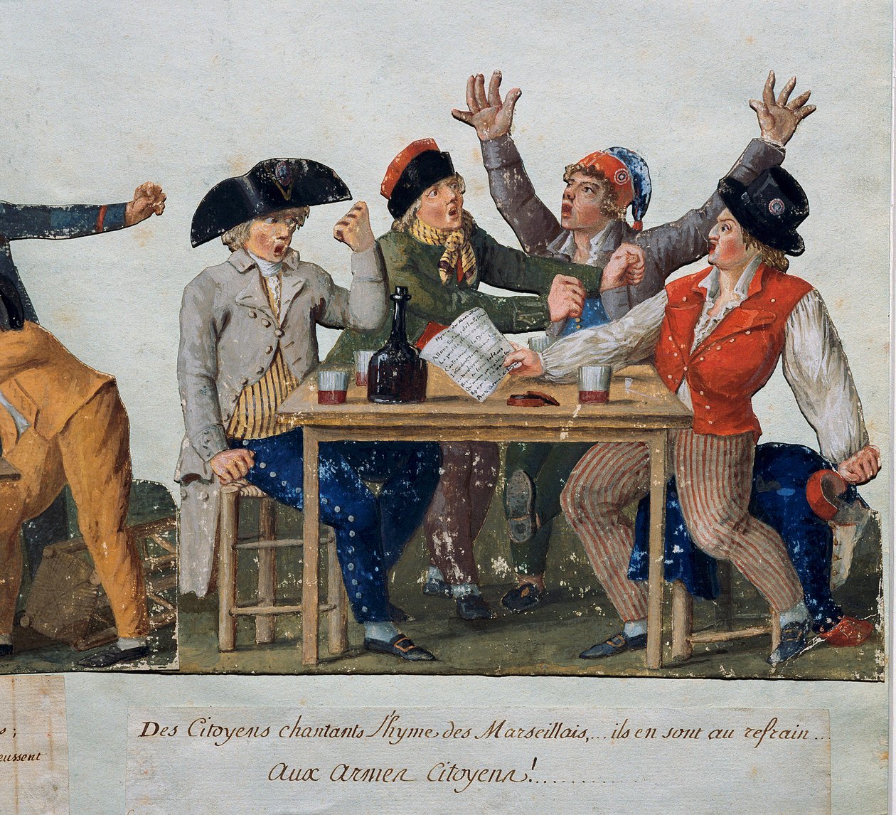 Franska revolutionen: "" Medborgare som sjunger Marseilles hymn: med armar Medborgare..."" Trosor utan trosor på ett värdshus sjunger Marseillaise. Gravyr av bröderna Lesueur (1700-talet). Musée Carnavalet, Paris av Lesueur Brothers