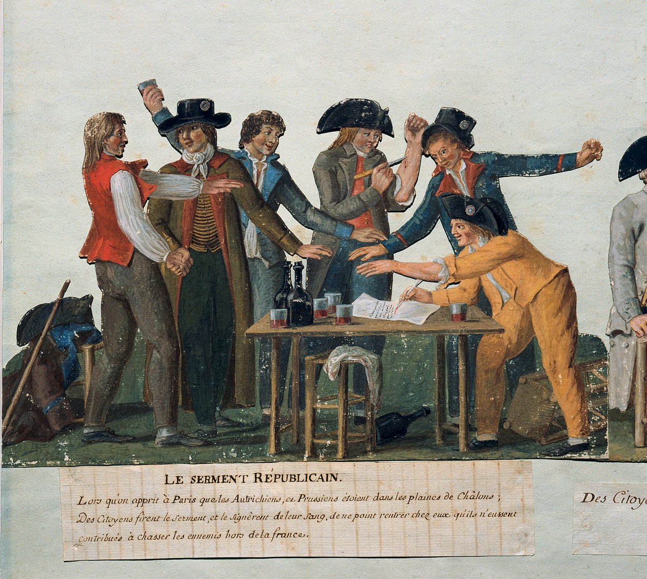 Franska revolutionen: "" Den republikanska eden: medborgarna avlägger en ed av sitt blod att inte återvända hem förrän de har drivit österrikarna och preussarna ut ur Frankrike." Gouache des freres Lesueur (1700-talet). 1700-talet. Paris. Carnavalet Museum av Lesueur Brothers