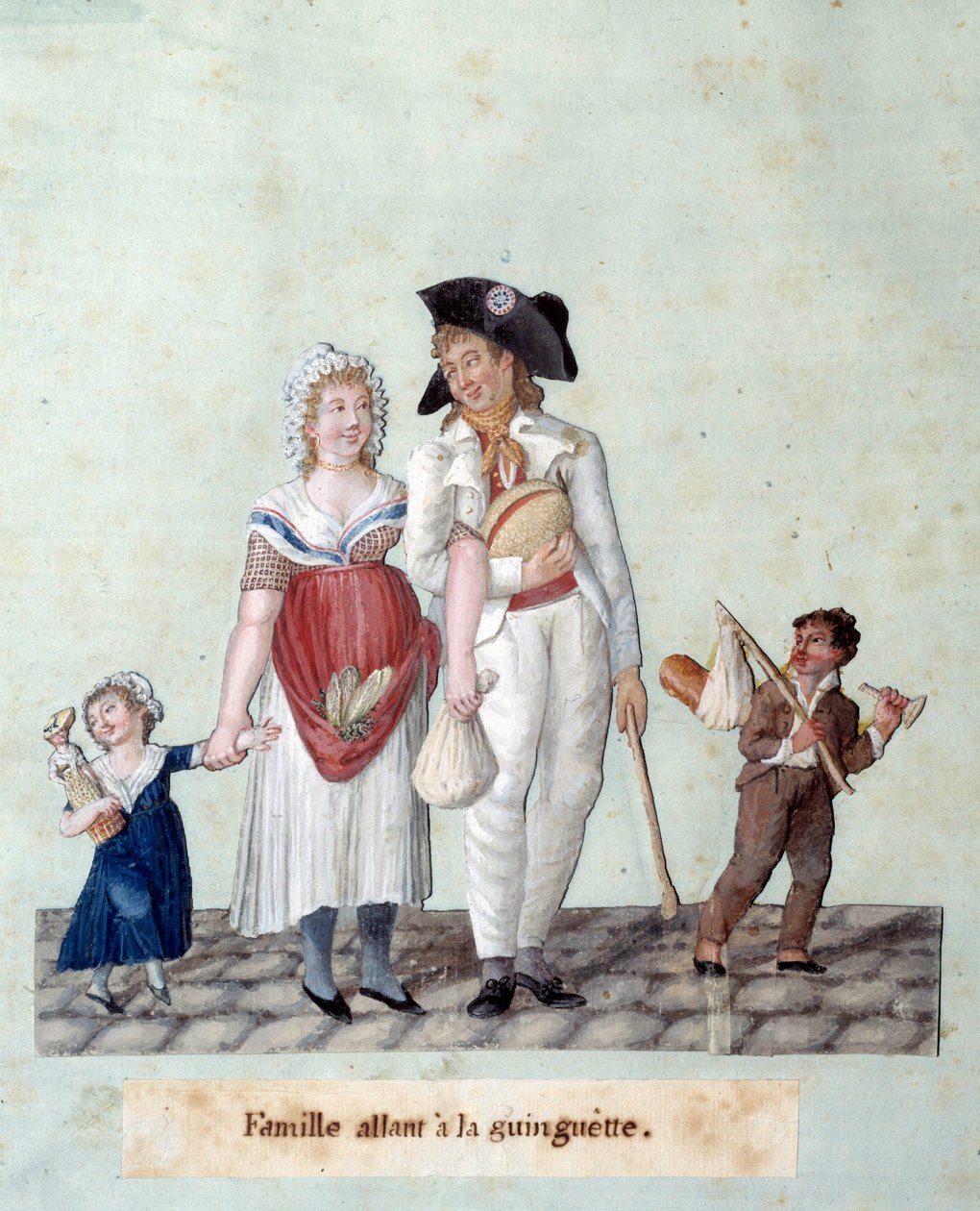 Franska revolutionen: en familj som går till guinguetten. Lesueur Brothers Gouache (1700-talet) av Lesueur Brothers