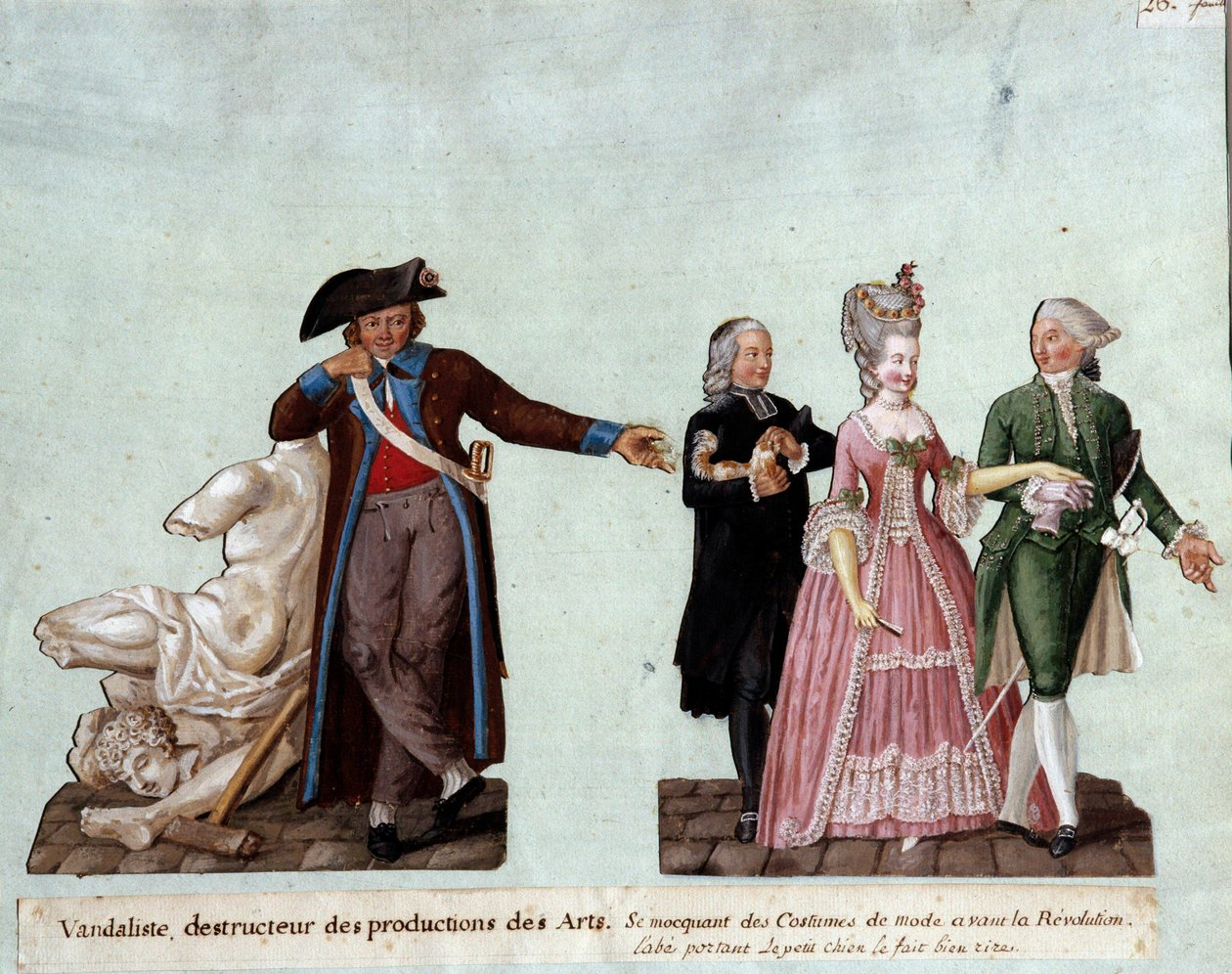 Franska revolutionen: "" en vandalist, förstörare av konstverk till vänster, hånade kostymerna för två adelsmän och en abbedist som bär en liten hund. Gouache des freres Lesueur (1700-talet), Musee Carnavalet, Paris av Lesueur Brothers