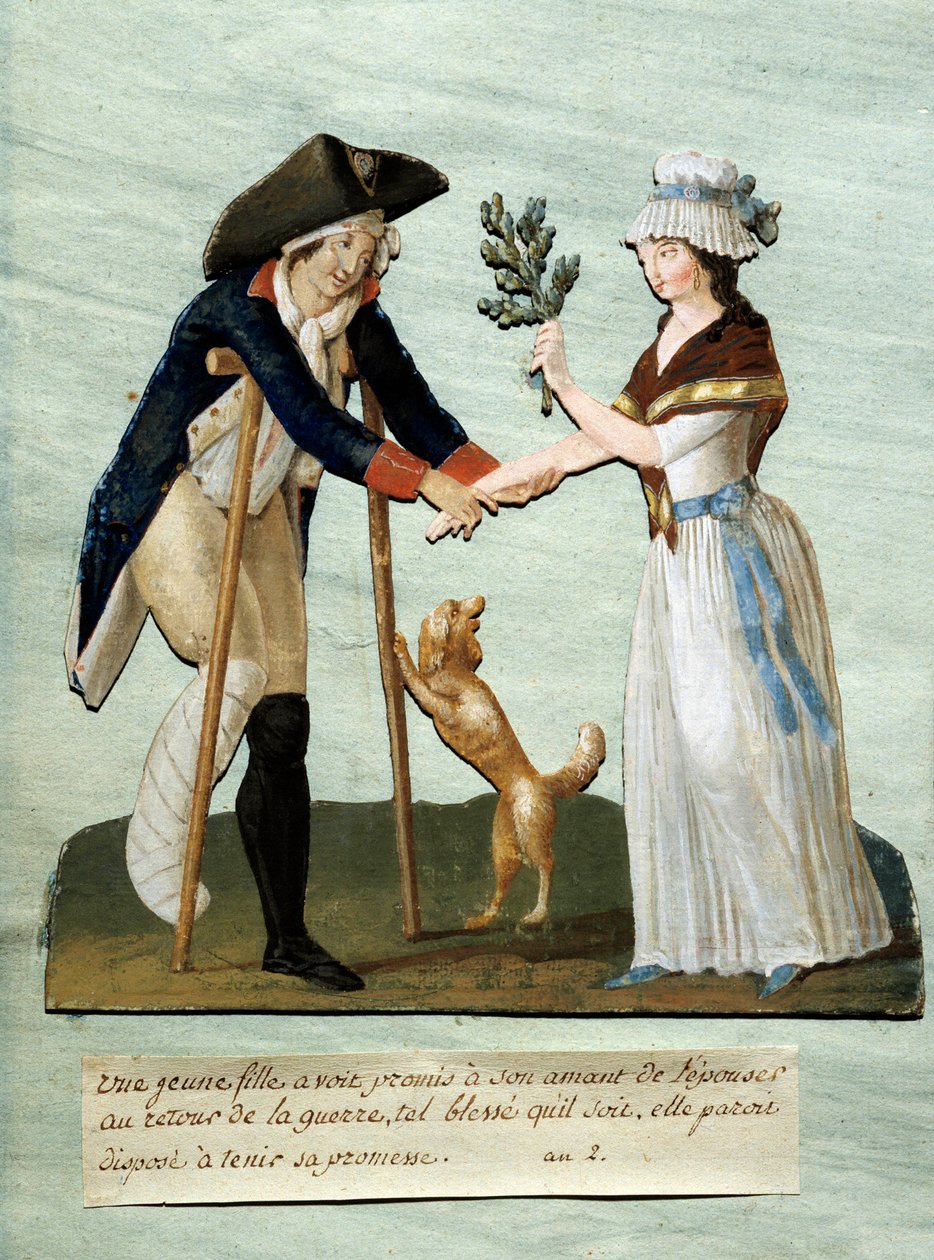 Franska revolutionen: "" en ung flicka hittar sina utlovade sår efter kriget och håller sitt löfte att gifta sig med henne"" Gouache des brothers Lesueur (1700-talet). Paris Musee Carnavalet av Lesueur Brothers