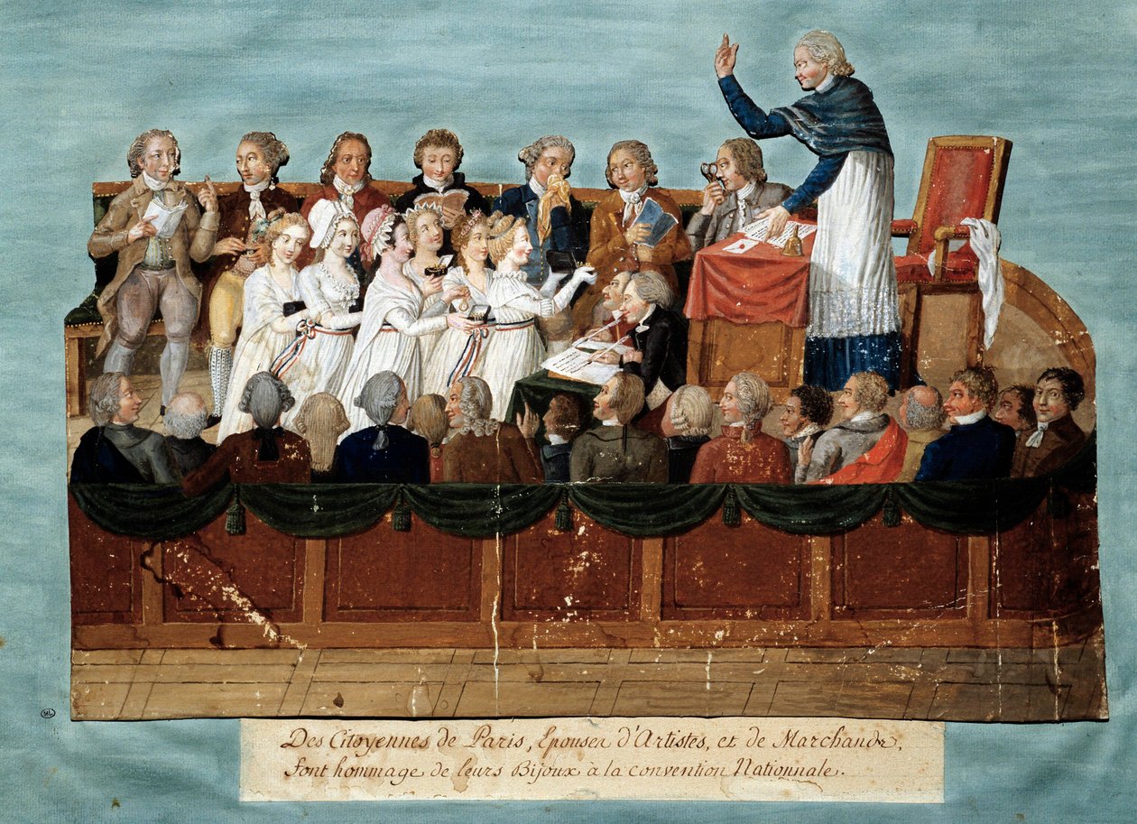 Franska revolutionen: "" medborgare i Paris erbjuder sina smycken till den nationella kongressen"" Illustration des Freres Lesueur (1700-talet). 1792-1795. Paris, musee Carnavalet - Engelska revolutionen - Medborgarna i Paris donerar sina smycken till Nati av Lesueur Brothers