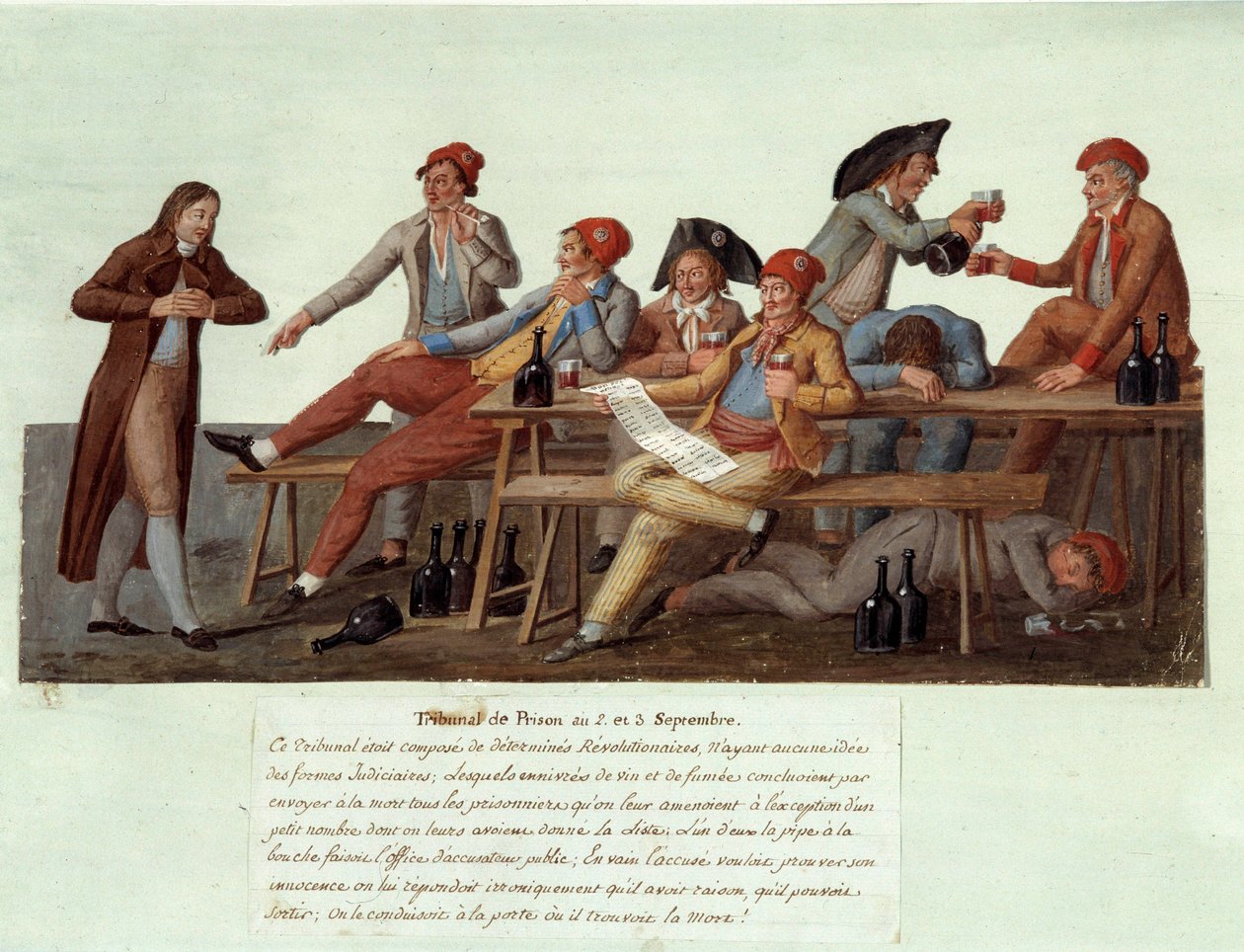 Franska revolutionen 1789: "" En fängelsedomstol den 2 och 3 september"" Satirisk representation av en revolutionär domstol, medlemmarna har ingen jurisdiktion i rättsfrågor och döma mål genom att dricka vin och röka. Gouache des freres Lesueur av Lesueur Brothers