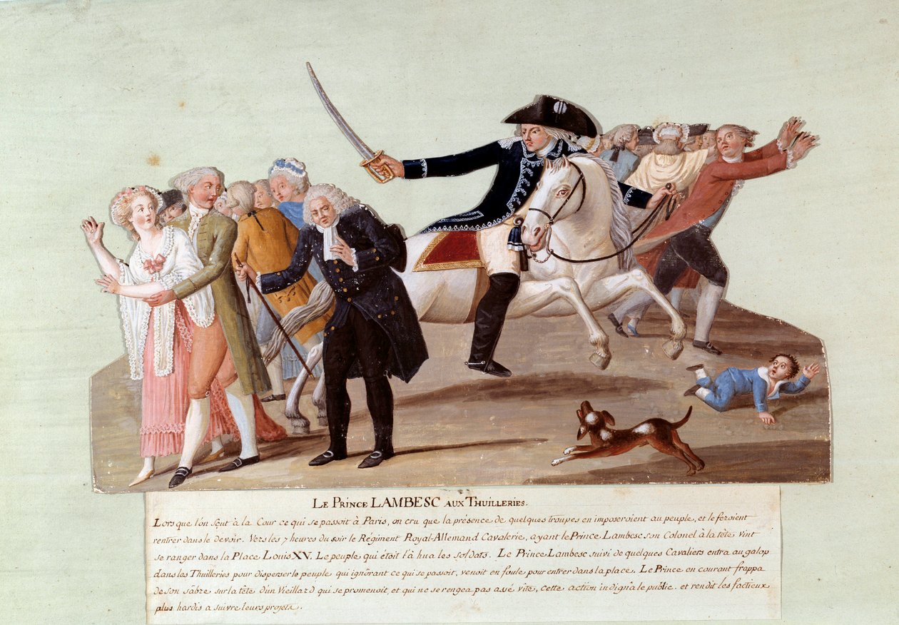 Franska revolutionen 1789: Prins av Lambesc vid Tuilerierna den 12 juli försökte undertrycka revolutionärernas första demonstrationer. Gouache des freres Lesueur (1700-talet) av Lesueur Brothers