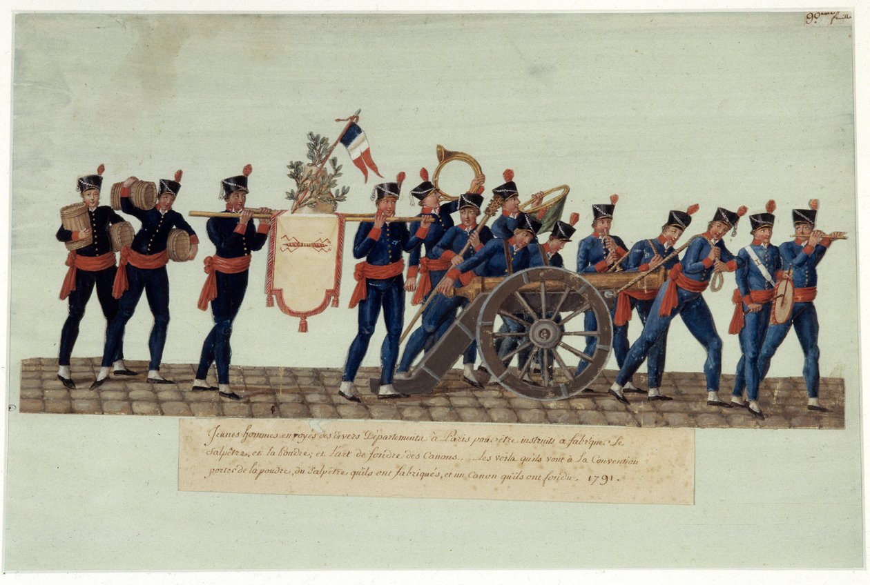 Franska revolutionen 1789: "" av unga män som bar till konventet, krut, salpeter de tillverkade och en kanon som de smälte." Gouache des freres Lesueur (1700-talet) av Lesueur Brothers