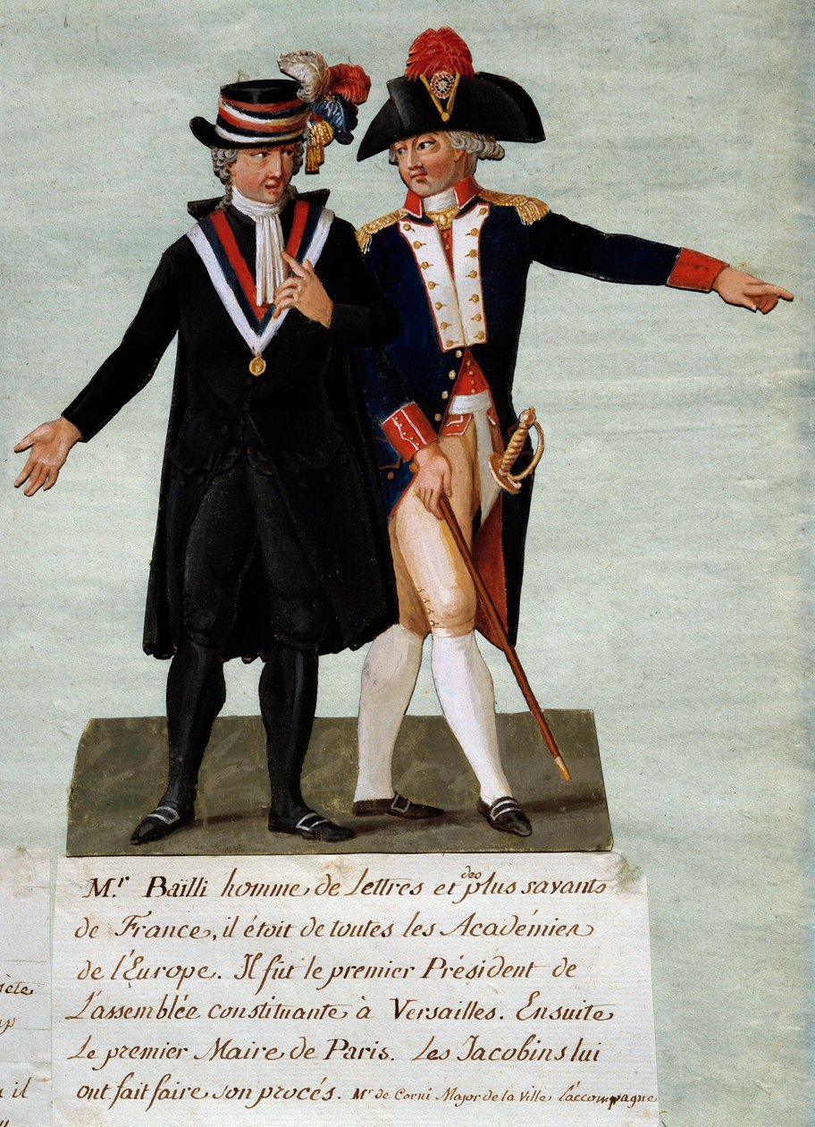 Franska revolutionen: representation av Jean Sylvain Bailly (1736-1793), president för den konstituerande församlingen i Versailles och sedan borgmästare i staden Paris, han beordrade att skjuta ryttarna i syfte att släppa kungen den 17/07/1791 på Champs - av Lesueur Brothers