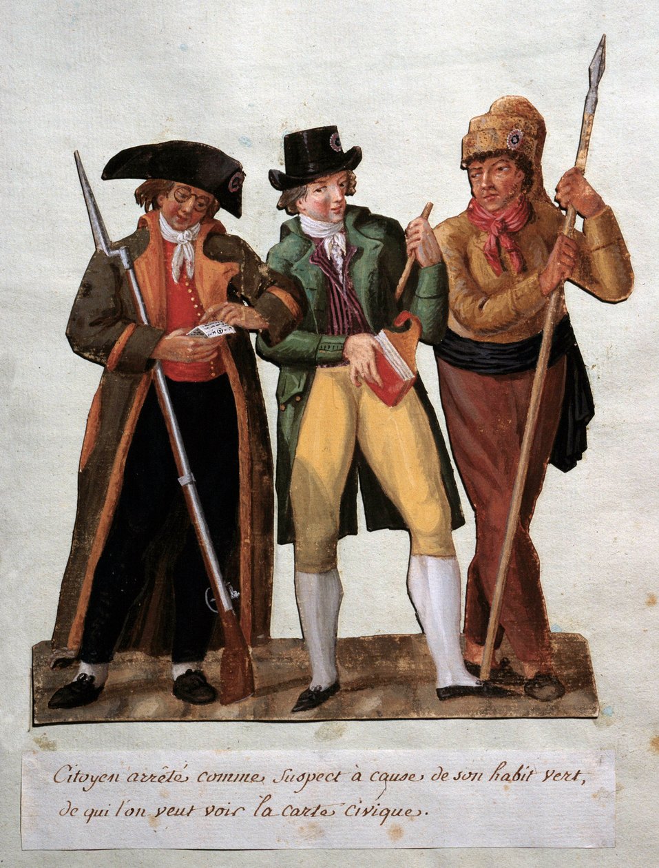 Franska revolutionen "" misstänkt medborgare arresterad på grund av sin gröna vana"" Gouache des freres Lesueur (1700-talet). Musée Carnavalet, Paris av Lesueur Brothers