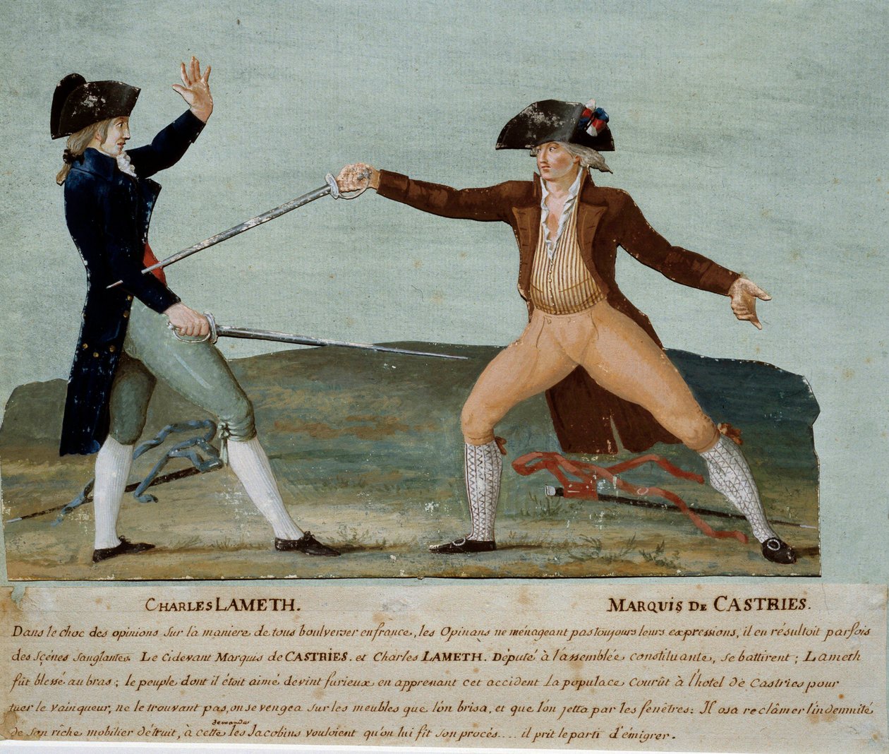 Franska revolutionen: duell mellan Charles Lameth (1757-1832), deputerad vid den konstituerande församlingen, och markisen de Castries (1756-1842), deputerad för adeln den 12 november 1790. Den sistnämnde sårar Lameth och jakobinernas folkmassa rasade hans av Lesueur Brothers