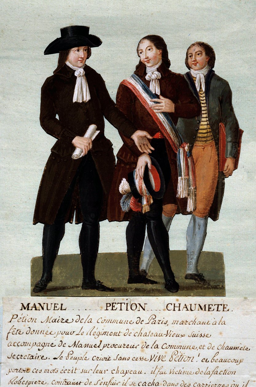 Franska revolutionen: revolutionärerna Jerome Petion (1756-1794), Jacques Antoine (Jacques-Antoine) Manuel (1775-1827) och Pierre-Gaspard (Pierre Gaspard) Chaumette dit Anaxagoras (1763-1794), talesman för de otyglade. Gouache av bröderna Lesueur (18:e av Lesueur Brothers