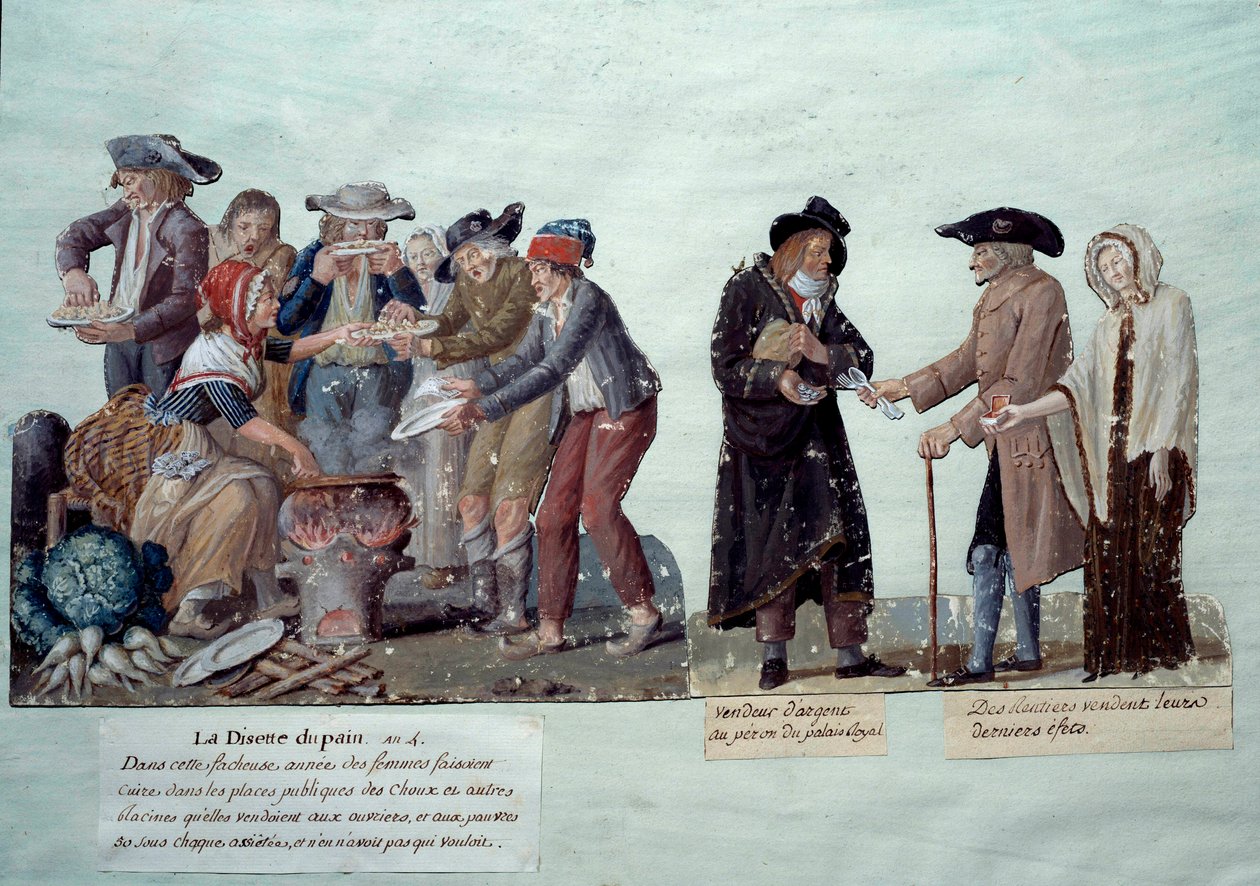 Scener under den franska revolutionen: "" brödkorthet, pengaförsäljare och annuitter som säljer sina effekter"". Gouache av bröderna Lesueur, cirka 1789. Musee Carnavalet, Paris av Lesueur Brothers