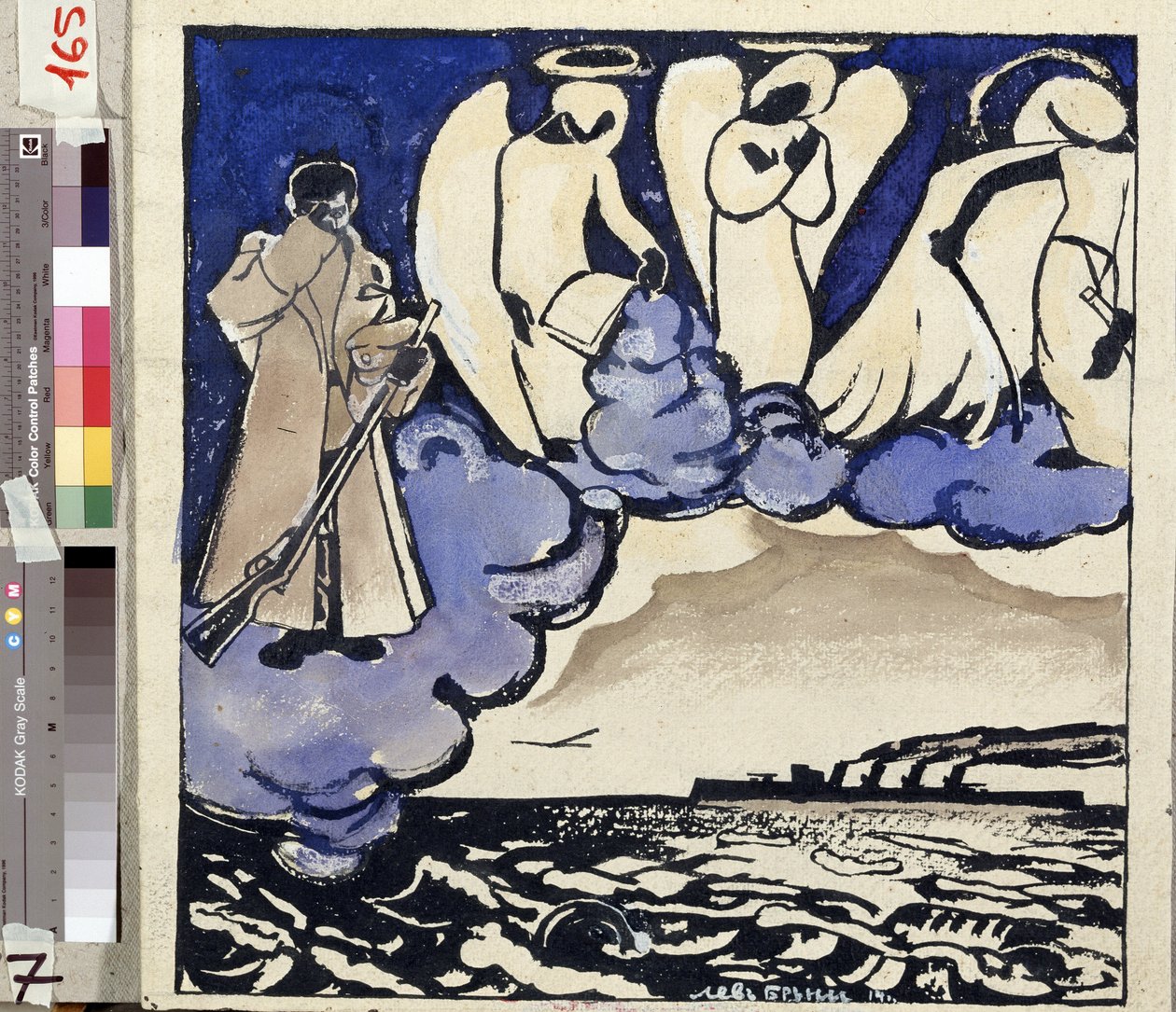 ""Kriget. Ryssland. 1914"" Allegori över första världskriget. En soldat och änglar. Penna och gouache av Lev Bruni (1894-1948) 1914 Statens museum för historia, arkitektur och konst, Rybinsk, Ryssland av Lev Aleksandrovitc Bruni