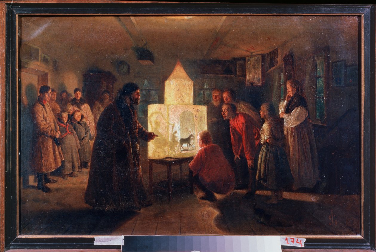 Den magiska lyktan i ett bondhus - Målning av Lev Grigorievich Solovyev (1837-1919), olja på duk av Lev Grigoryevich Solovyev